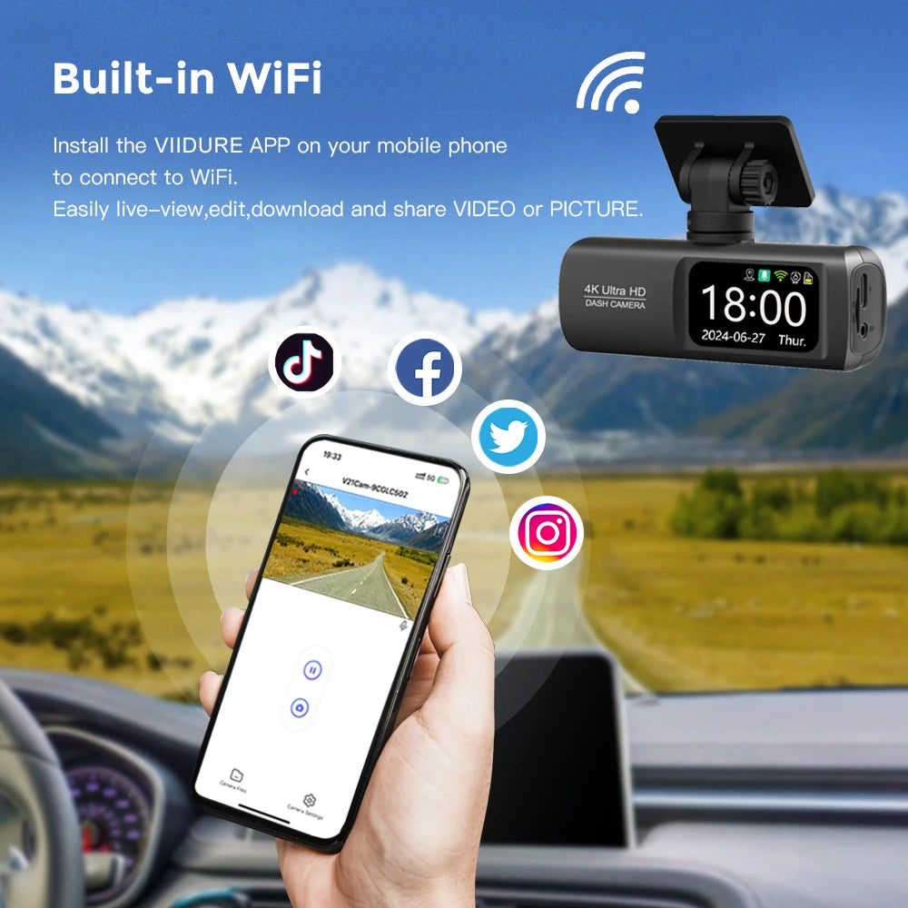 Dashcam 4K WiFi V22B – Double Objectif, GPS, Caméra Arrière 1080p, Surveillance Parking 24h – CLEVI Paris