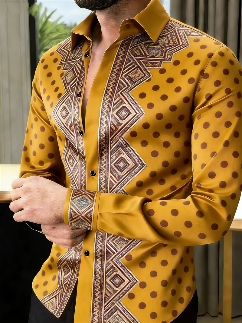 Chemise Homme Manches Longues – Imprimé 3D Luxe & Pois Dorés