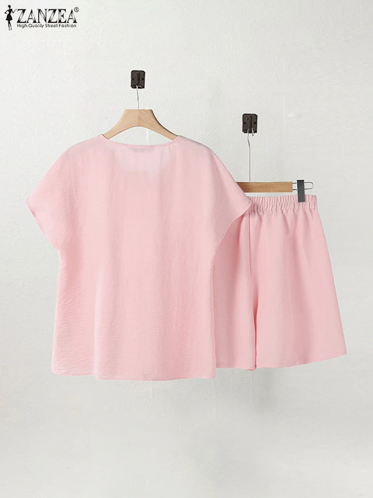 Ensemble 2 Pièces Femme T-Shirt Col V Insert Dentelle Manches Courtes Short Casual Été – CLEVI Paris