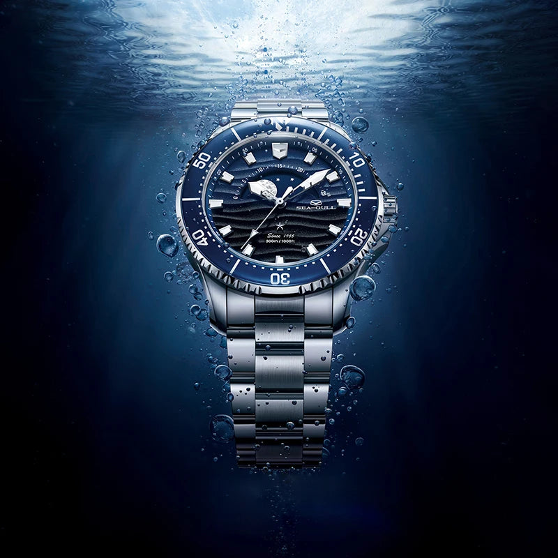 Montre Sea-Gull 816.32.1215 Diver Automatique Phase de Lune Saphir 300M – CLEVI Paris