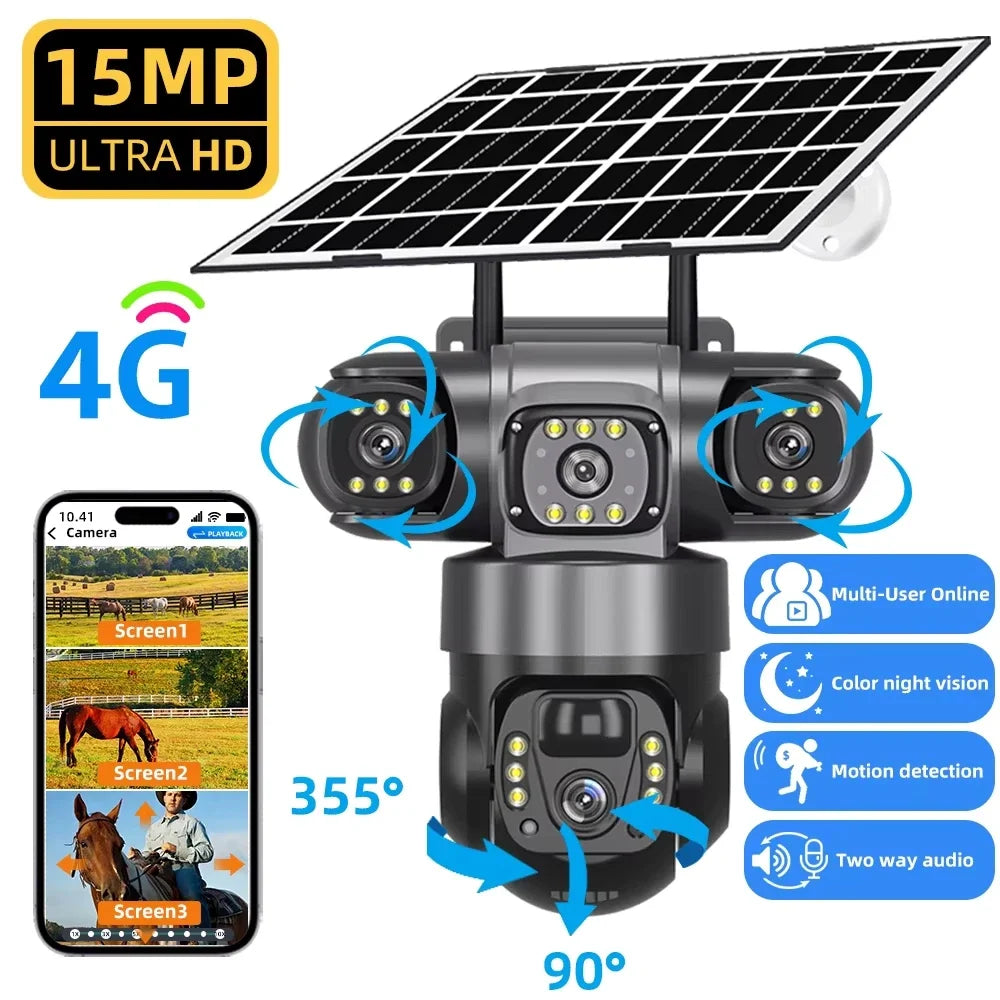 Caméra de Surveillance V380 Pro 4G Solaire 15MP 3 Objectifs PTZ Vision Nocturne – CLEVI Paris