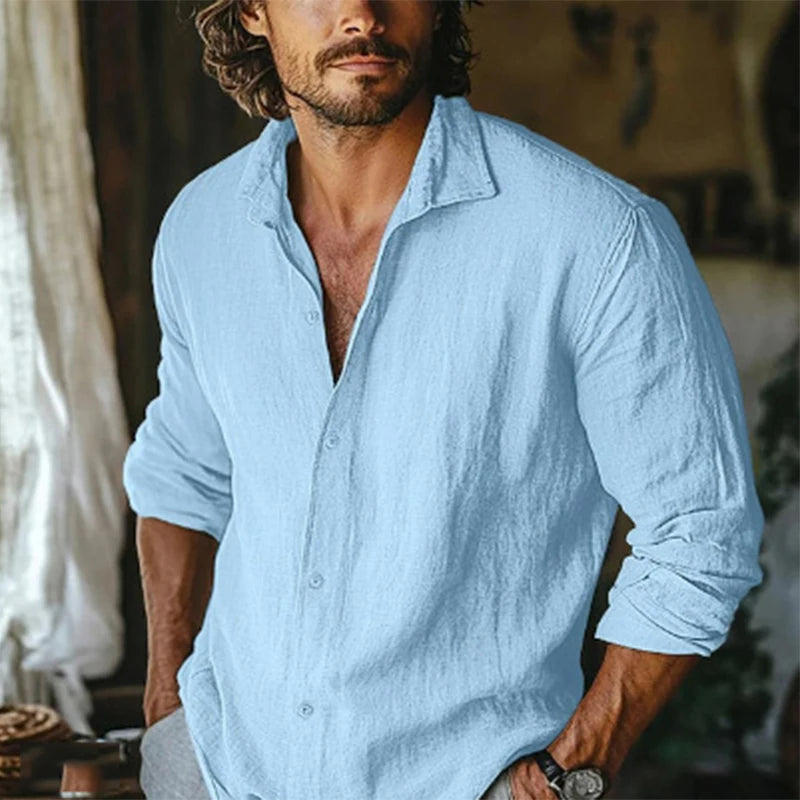 Chemise Lin Homme – Casual Manches Longues, Col Reversé, Coupe Ample