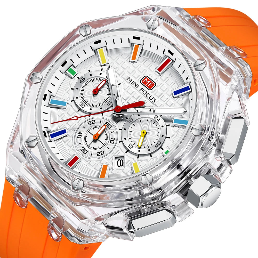 Montre Quartz Homme MINI FOCUS MF0616G – Chronographe, Boîtier Transparent & Aiguilles Lumineuses