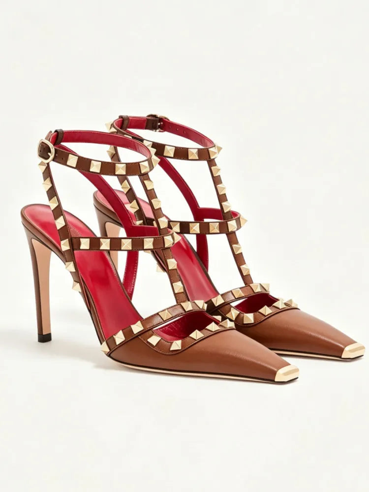 Sandales femme à talon fin et rivets – CLEVI Paris