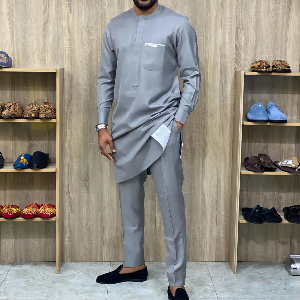 Ensemble Kaftan Homme 2 Pièces Broderie Manches Longues Col Rond + Pantalon Cordon Style Africain Mariage M-4XL – CLEVI Paris