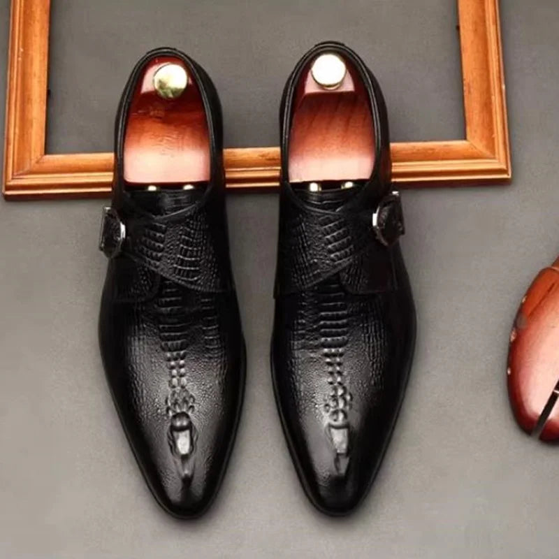 Mocassin Monk Strap Homme Cuir Motif Crocodile – Bout Pointu, Style Britannique, EU 36-46 – CLEVI Paris
