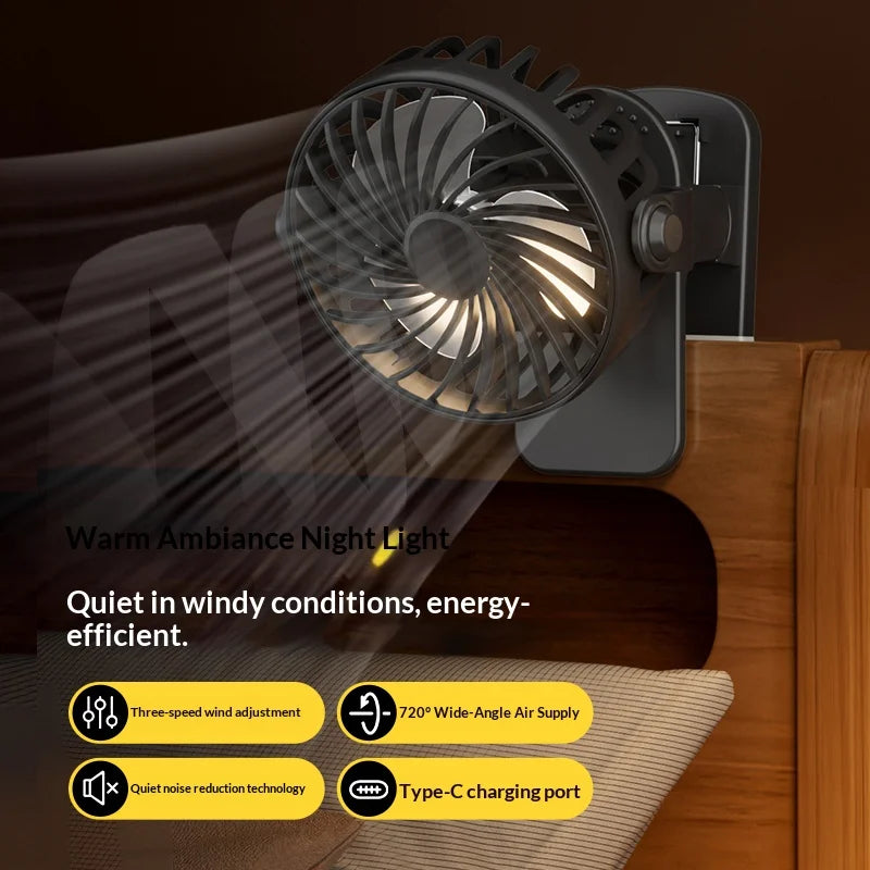 Mini Ventilateur à Pince Rechargeable USB 720° Veilleuse Intégrée — CLEVI Paris