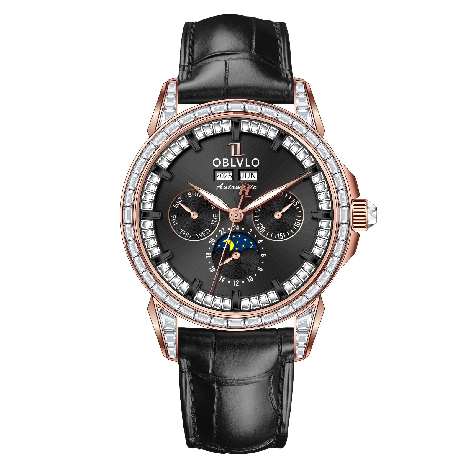 Montre Automatique Phase de Lune | Zircon Multicolore Bracelet Cuir – CLEVI Paris