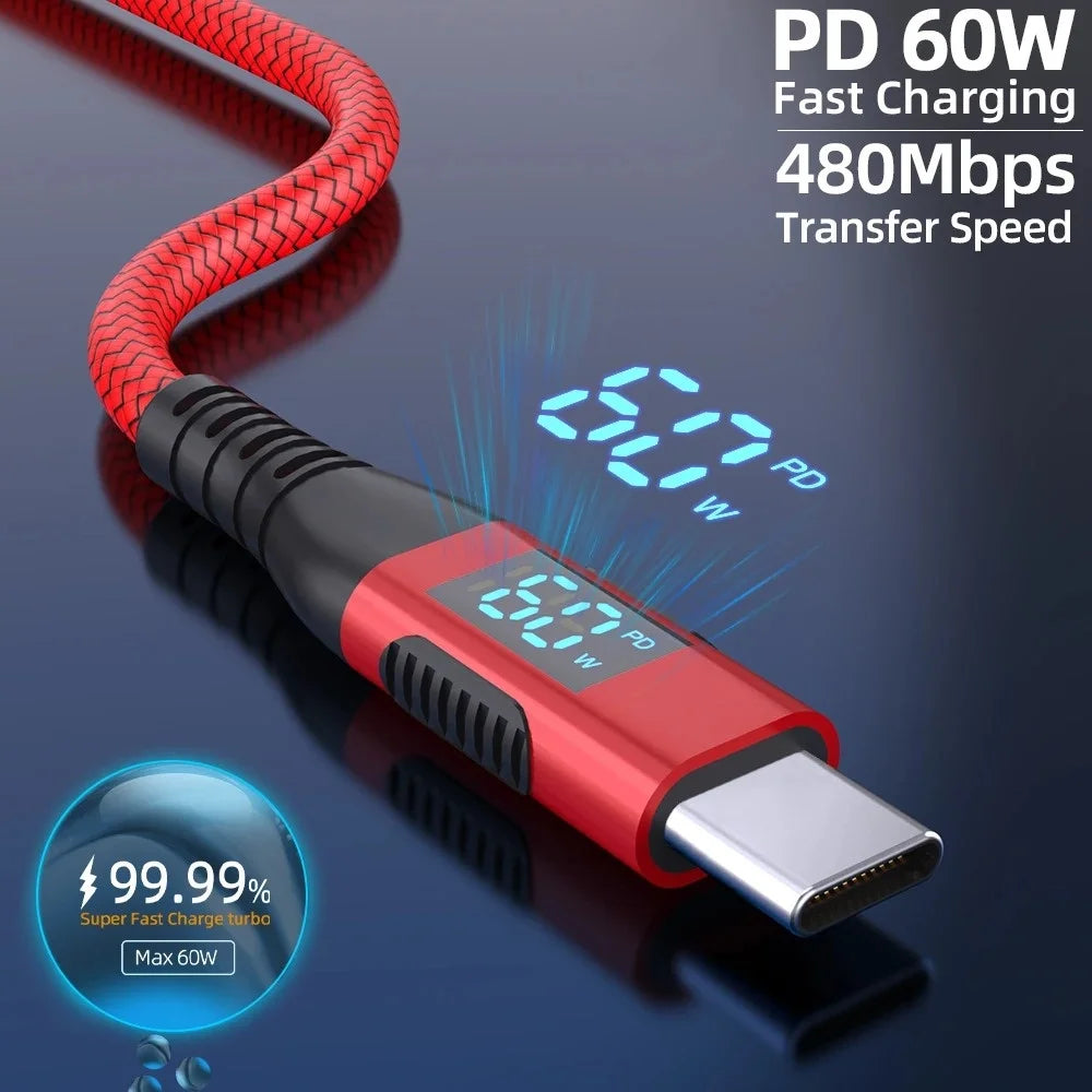 Câble USB-C vers USB-C 60W PD Affichage LED Nylon – CLEVI Paris