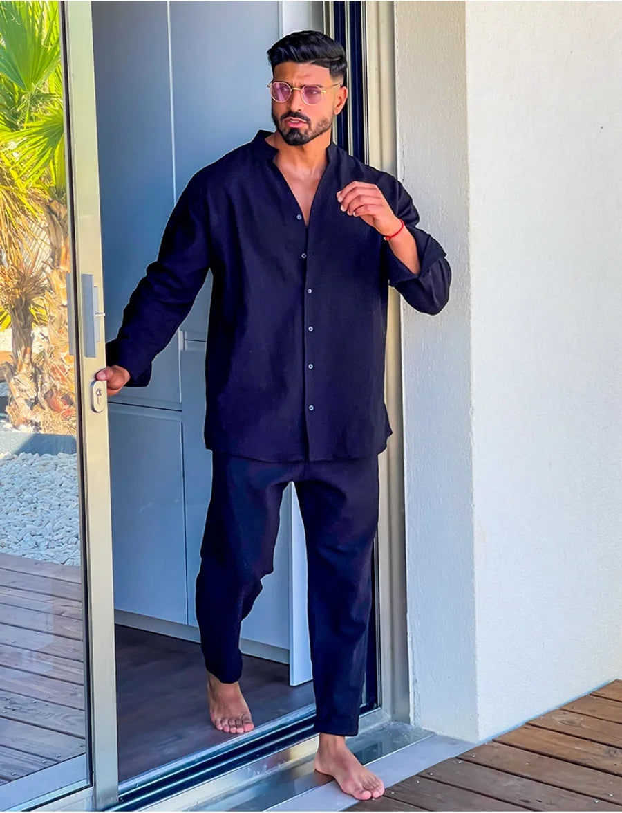 Ensemble 2 Pièces Homme Coton Lin Col Mao Chemise + Pantalon Ample Style Casual – CLEVI Paris