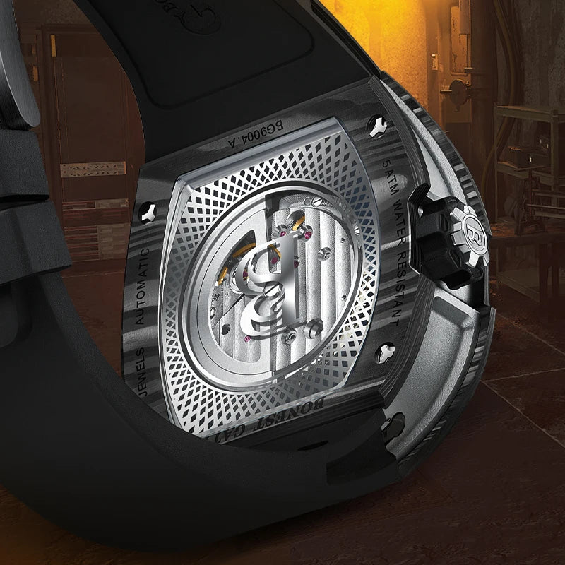 Montre BONEST GATTI BG-9004 – Tourbillon Automatique, Lunette Fibre de Carbone, Tonneau 46 mm, Squelette, Bracelet Fluoroélastomère, Étanche 5 ATM – CLEVI Paris