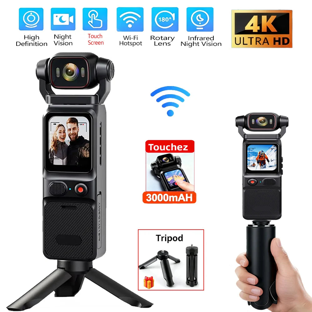 Caméra Sport 4K Pocket – Objectif Rotatif 180°, Stabilisation EIS, Écran Tactile 1,69" & Batterie 3000 mAh – CLEVI Paris