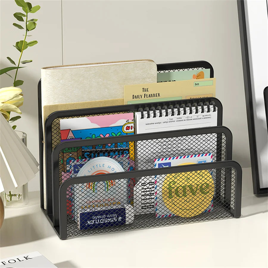 Organiseur de Bureau Métal 3 Niveaux | Porte-Documents Grille, Noir & Blanc, Bureau & École – CLEVI Paris