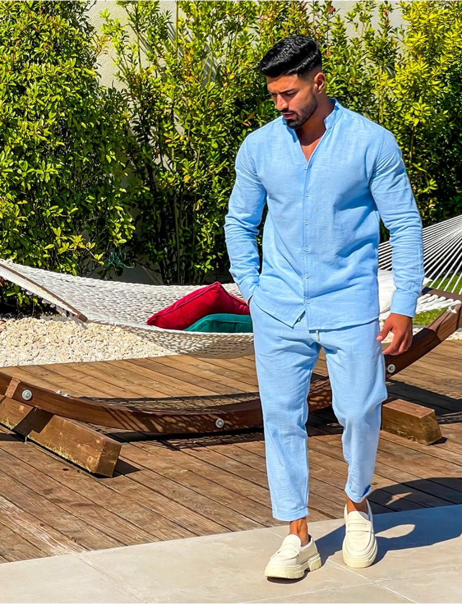 Ensemble 2 Pièces Homme Coton Lin Col Mao Chemise + Pantalon Ample Style Casual – CLEVI Paris