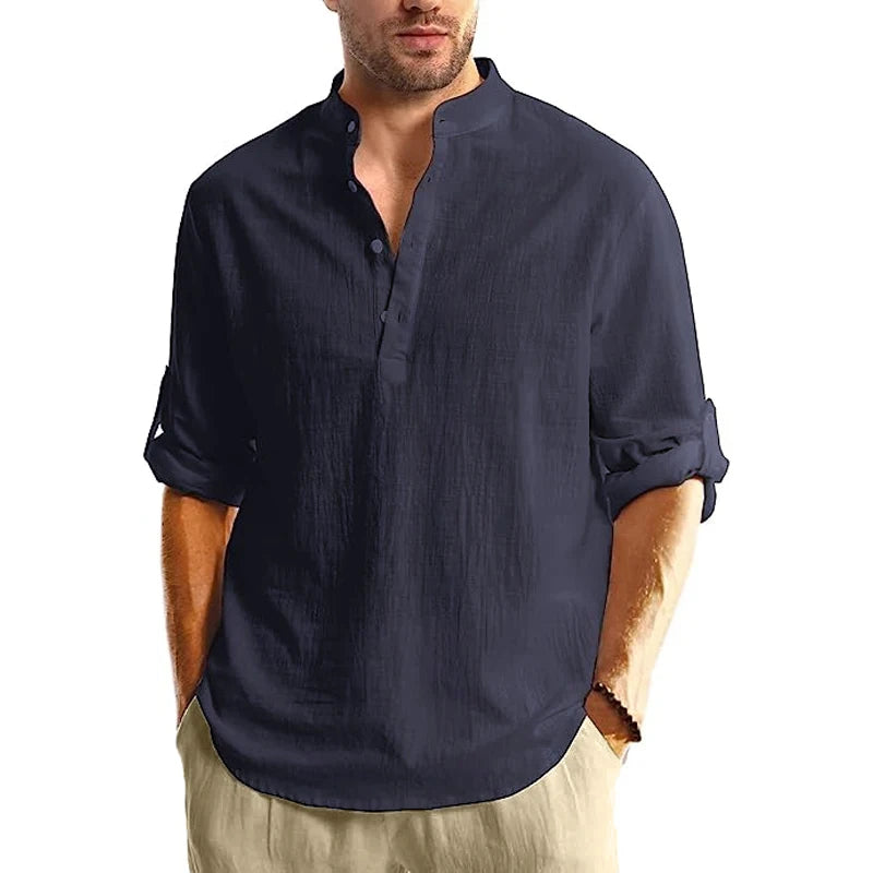 Chemise Henley Homme Manches Longues 100% Coton – Col Montant, Style Streetwear Casual, Grande Taille