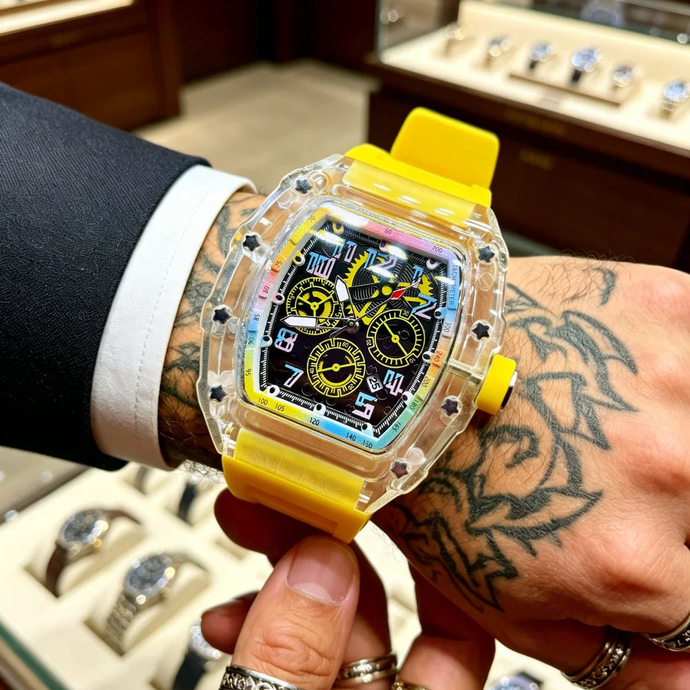 Montre Quartz Homme Tonneau Transparent Cadran Arc-en-Ciel Étanche – CLEVI Paris