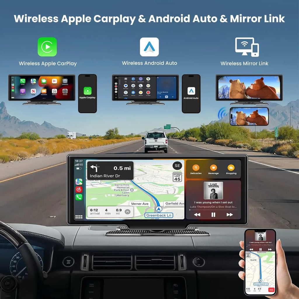 Écran CarPlay Android Auto Sans Fil 7"/10,26" – Dashcam 4K Double Objectif GPS WiFi 5G Caméra Recul – CLEVI Paris