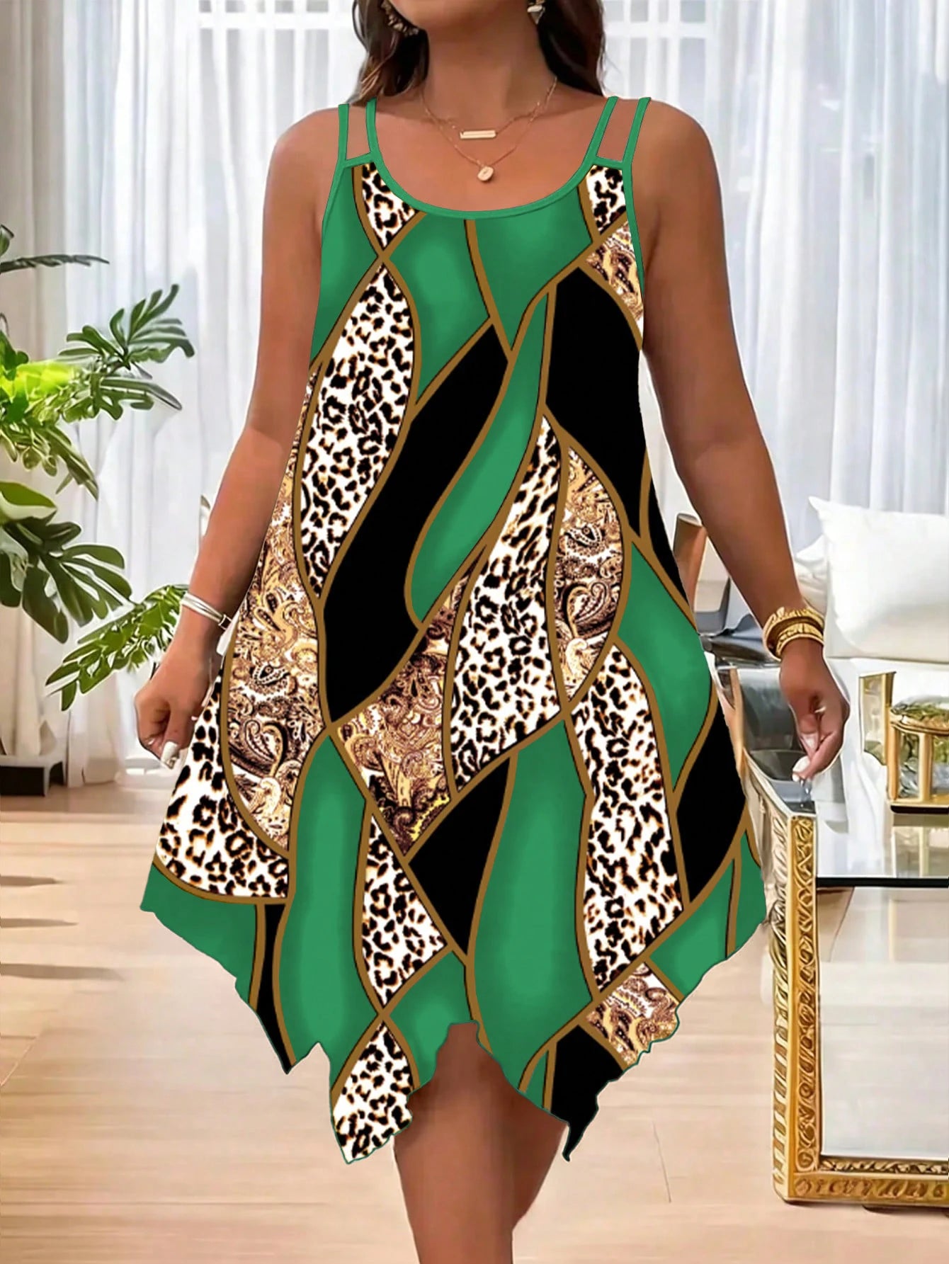 Robe Femme Grande Taille Imprimé Rayures Géométriques Asymmétriques Double Bretelles Casual – CLEVI Paris