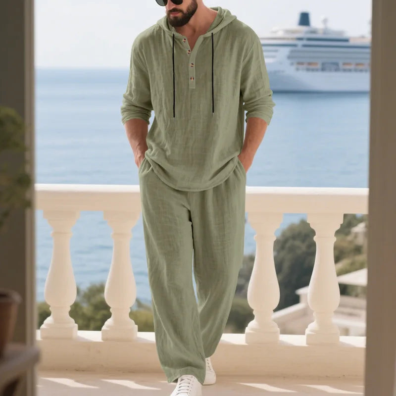Ensemble Homme Chemise Henley Lin À Capuche Manches Longues + Pantalon Casual Voyage Printemps Automne – CLEVI Paris