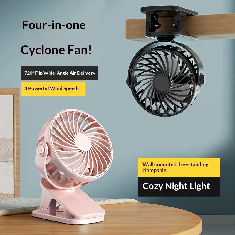 Mini Ventilateur à Pince Rechargeable USB 720° Veilleuse Intégrée — CLEVI Paris