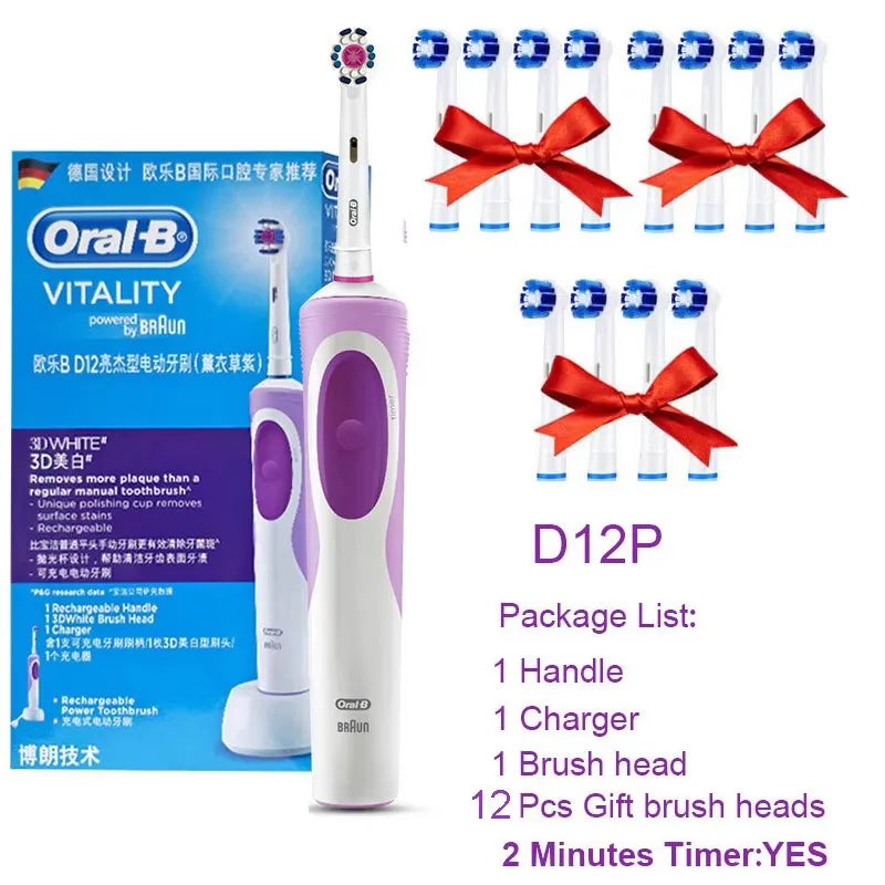 Brosse à Dents Électrique Oral-B Vitality D12 – Rotation 3D, Têtes FlexiSoft, IPX7, 7 Jours d'Autonomie – Têtes Offertes
