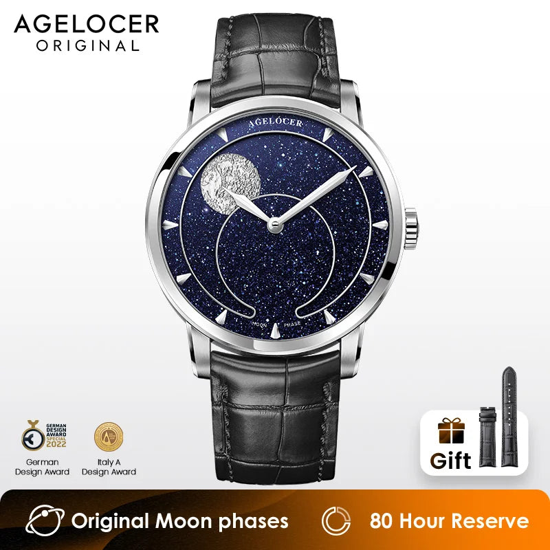 AGELOCER Montre Automatique Homme Phase de Lune Aventurine Saphir Réserve 80h – CLEVI Paris