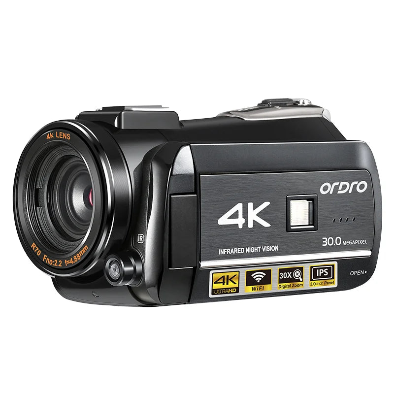 Kit Caméscope Ordro AC3 4K – Vision Nocturne IR, Zoom 30x, Fill-in, Micro, Objectif Grand Angle, Stabilisateur, SD 64 Go – CLEVI Paris