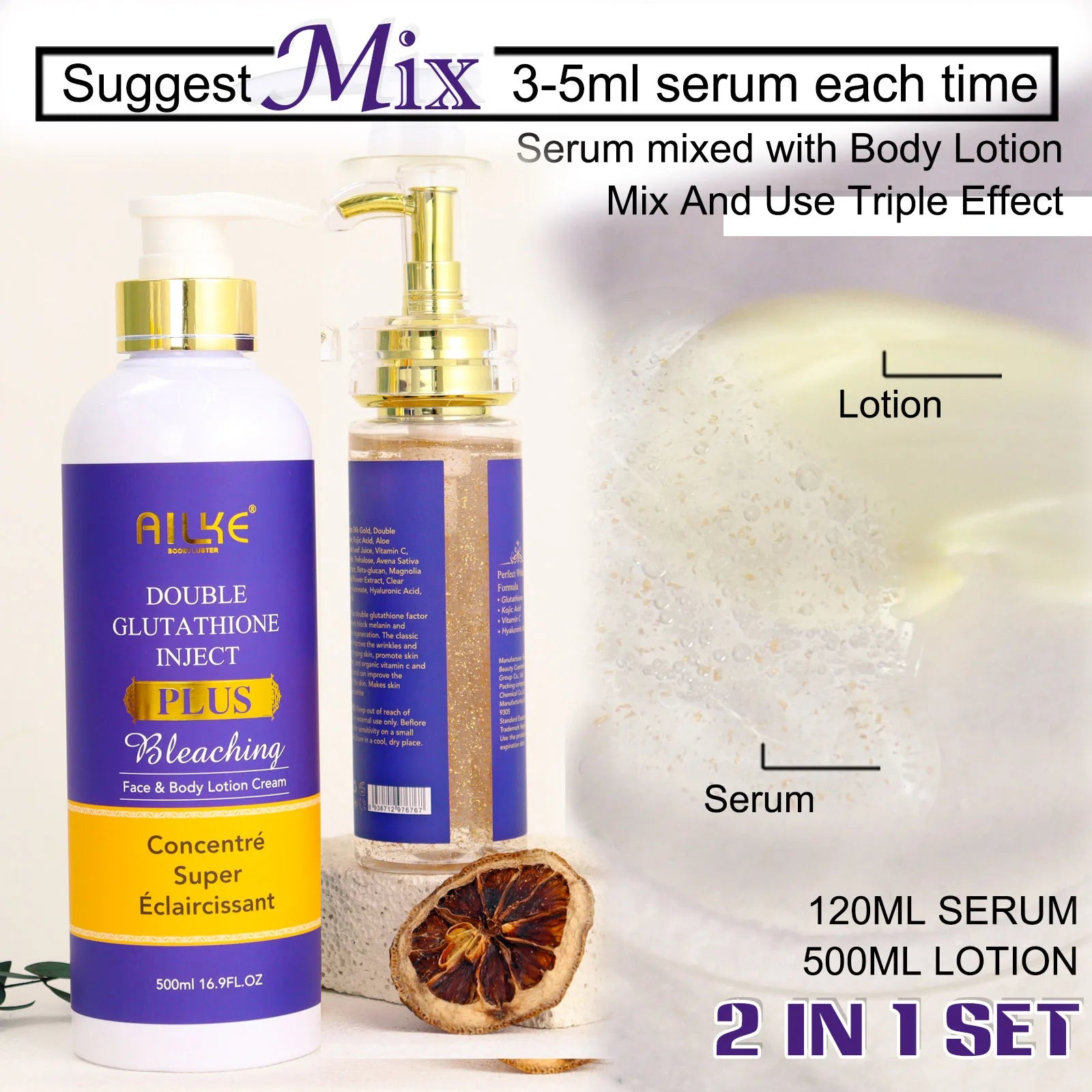Gamme Double Glutathion PLUS AILKE – Sérum 24K Or, Lotion, Savon & Crème Anti-Taches – CLEVI Paris