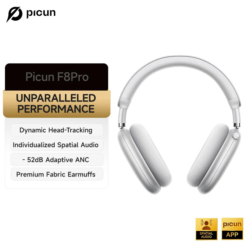 Casque Picun F8 Pro ANC -52dB Spatial 3D Head Tracking BT 5.4 140h 5 Micros ENC – CLEVI Paris