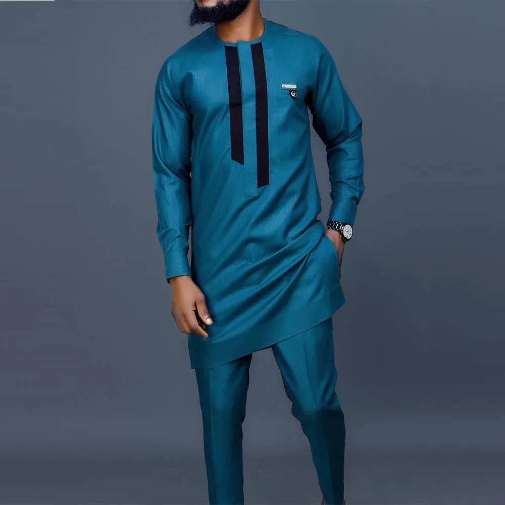 Ensemble Kaftan Homme 2 Pièces Broderie Manches Longues Col Rond + Pantalon Cordon Style Africain Mariage M-4XL – CLEVI Paris