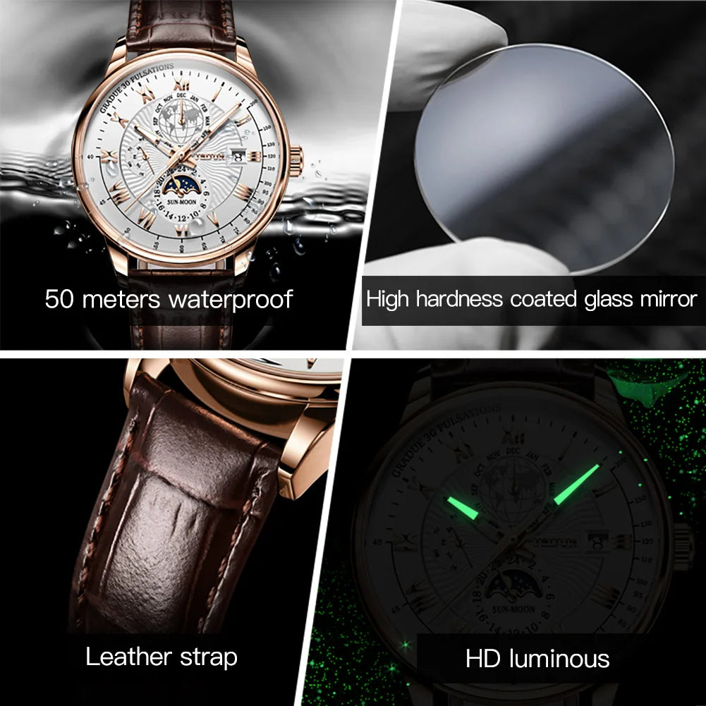 Montre JSDUN 8909 – Automatique, Phase de Lune, Calendrier, Chiffres Romains, Bracelet Cuir, Étanche 5 ATM – CLEVI Paris