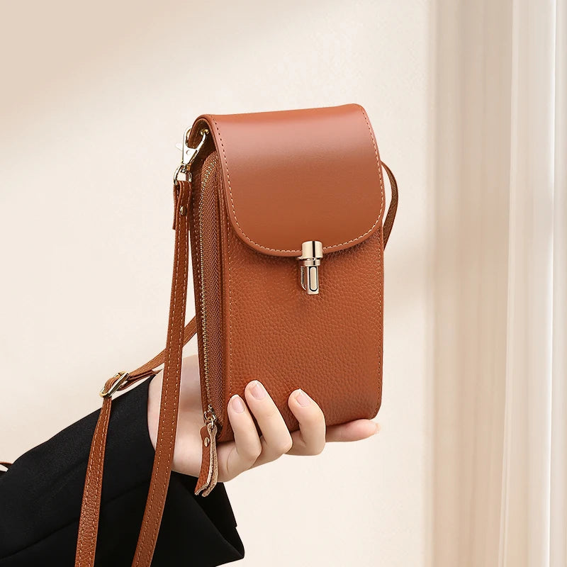 Sac Bandoulière Femme en Cuir Véritable – 8 Compartiments Carte, Poche Zippée