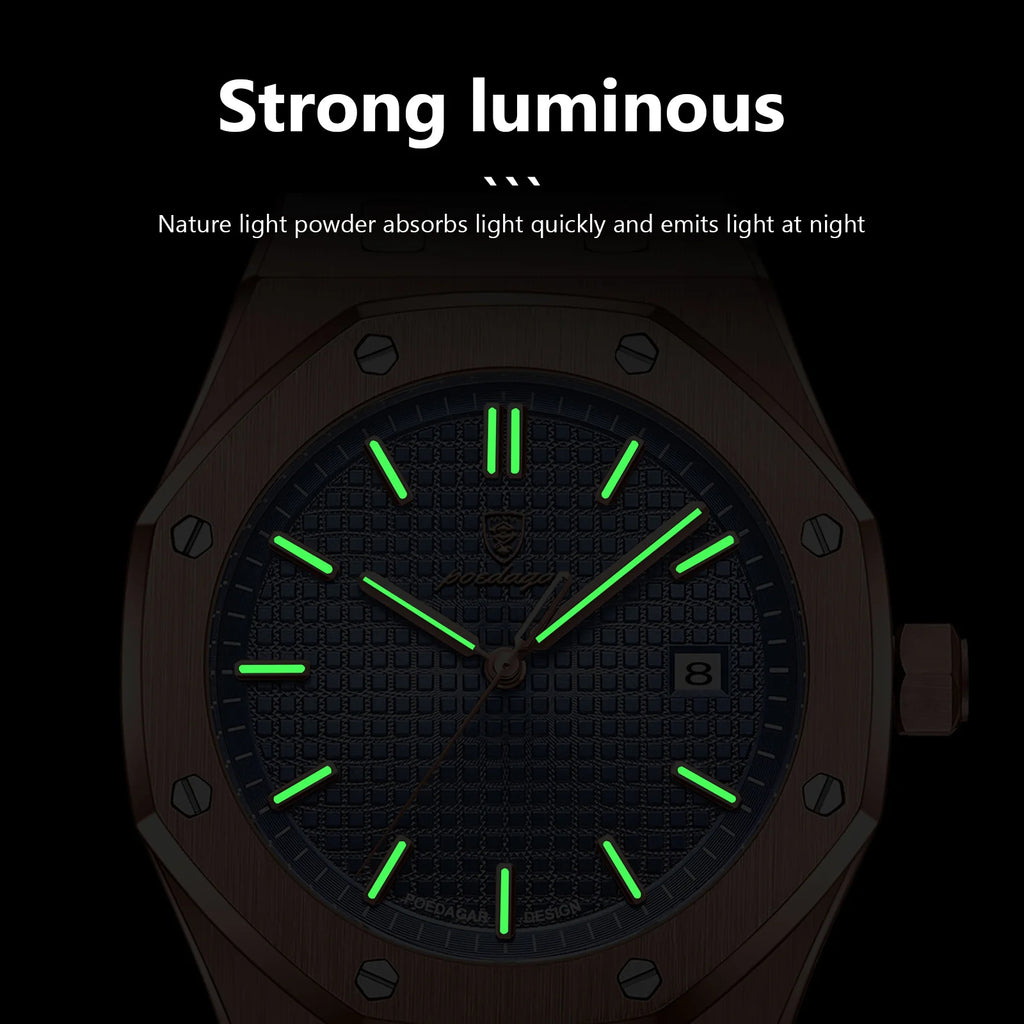Montre POEDAGAR 924 – Quartz Business Luxe, Date, Aiguilles Lumineuses, Acier Inoxydable 40 mm, Étanche 3 ATM – CLEVI Paris