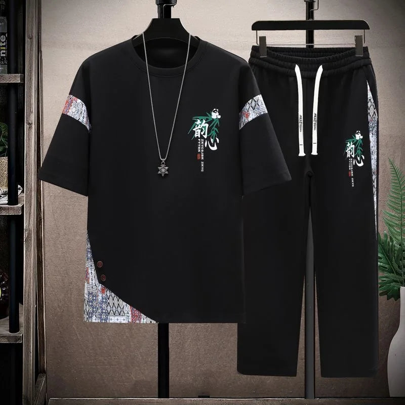 Ensemble 2 Pièces Homme T-shirt Imprimé + Pantalon 9/10 Été Grande Taille KOLMAKOV – Noir & Blanc, M à 4XL – CLEVI Paris