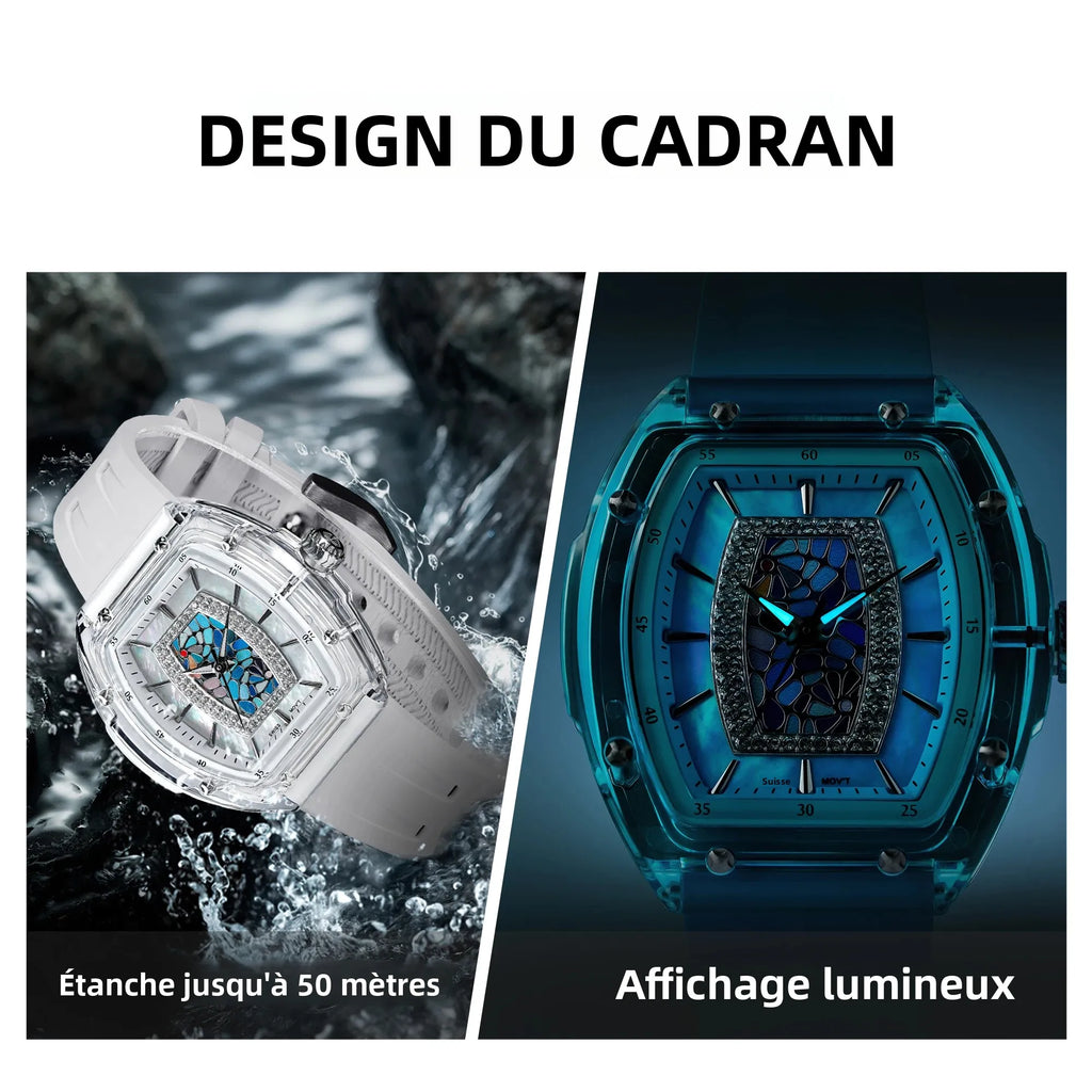 TSAR BOMBA TB8219 Montre Femme Quartz Suisse Nacre Zircons Boîtier Acrylique Bracelet Fluoroélastomère – CLEVI Paris