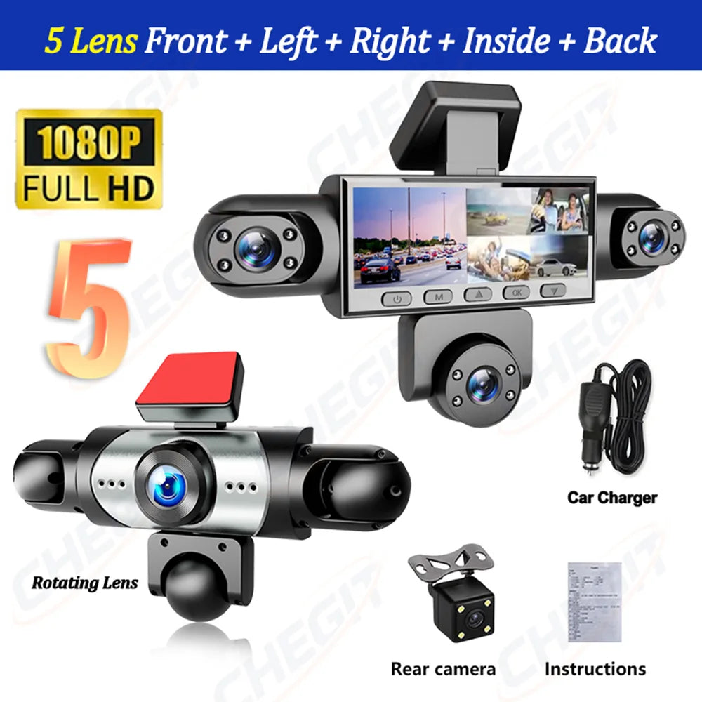 Dashcam 5 Objectifs 360° 1080p – WiFi, Surveillance Parking 24h, Vision Nocturne IR, G-Sensor, App iOS & Android – CLEVI Paris