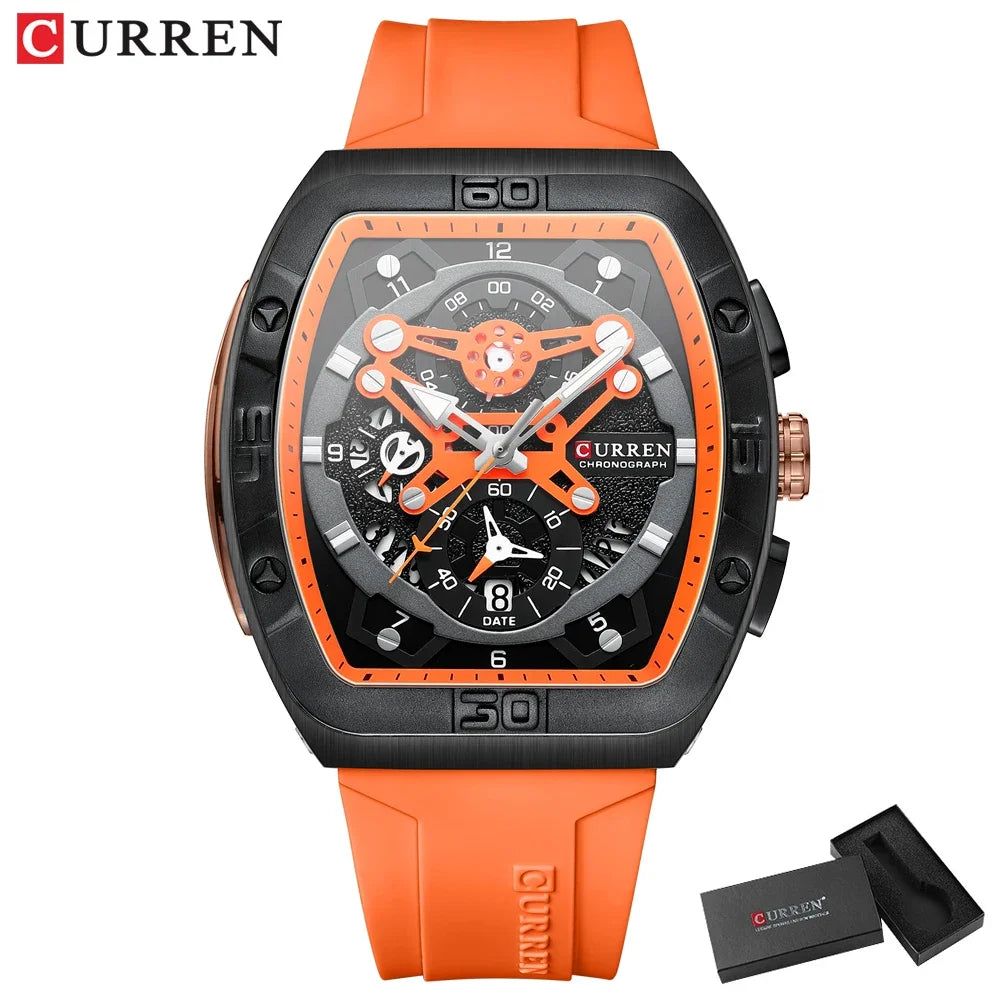 Montre Chronographe Homme CURREN – Boîtier Tonneau, Bracelet Silicone Sport