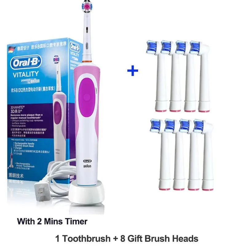 Brosse à Dents Électrique Oral-B D12 – Vibration Rotatoire 2D, IPX7, Minuterie 2 min – 4 Têtes Offertes