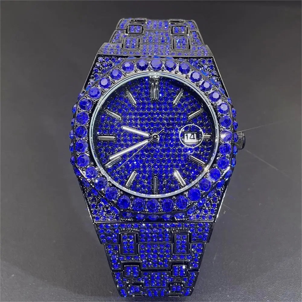MISSFOX V359 – Montre Quartz Homme Hip Hop | Full Diamants, Plaqué Or 18K, Acier Inoxydable