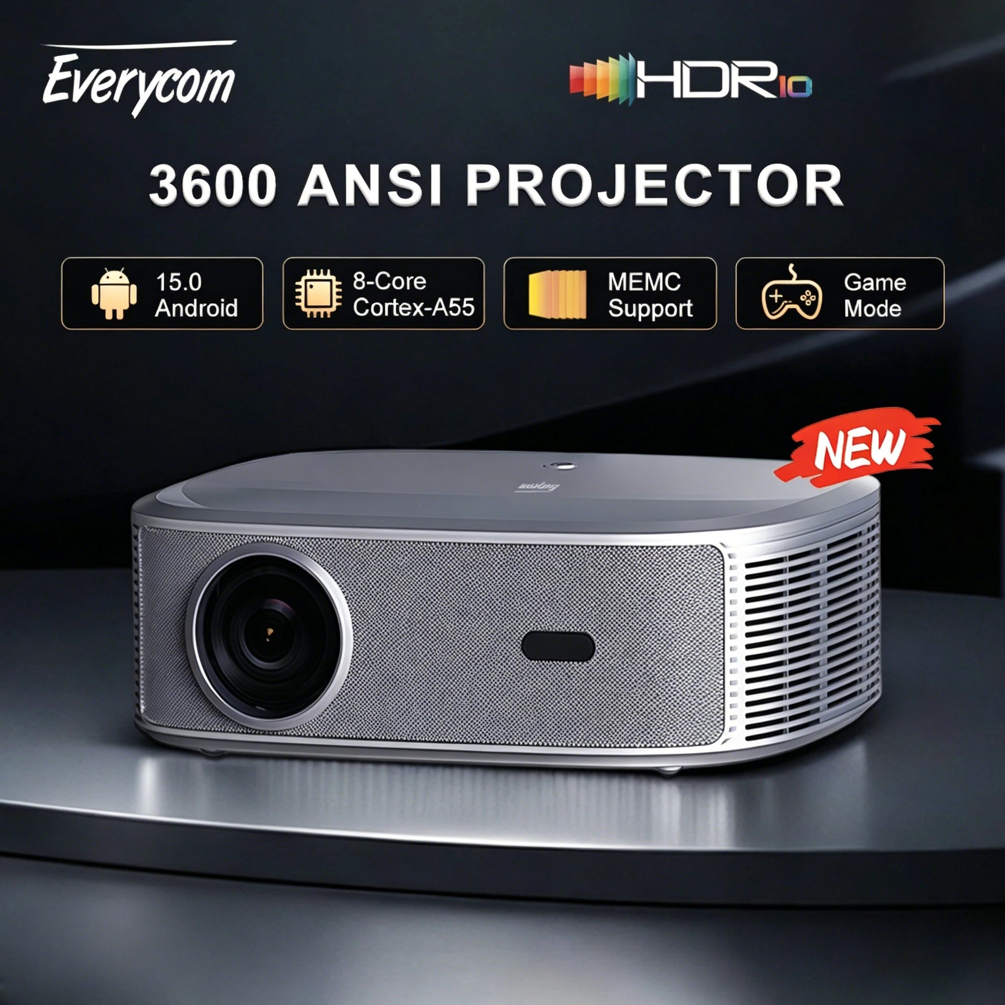 Everycom HQ11W Projecteur Android 15 1080P 4K 3600 ANSI MEMC HDR10+ WiFi 6 Son 20W HDMI 2.1 Bruit 15dB – CLEVI Paris
