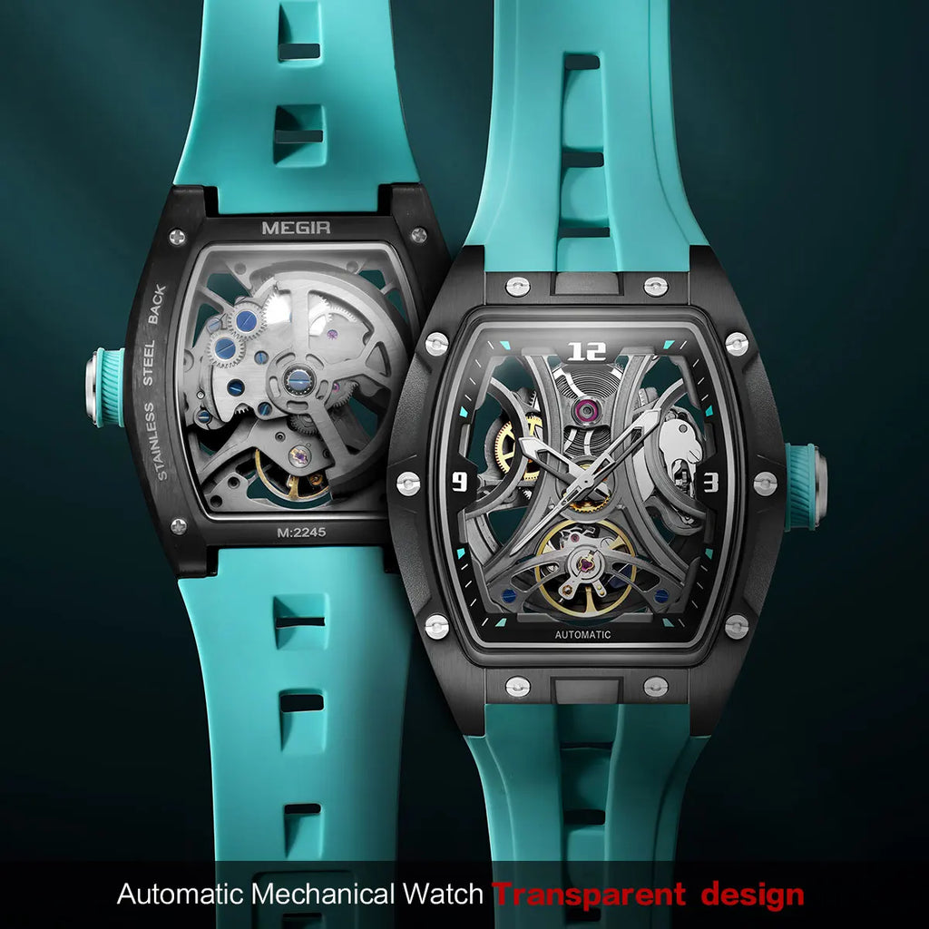 MEGIR Montre Automatique Homme Squelette Transparent Tonneau Acier Silicone Sport – CLEVI Paris