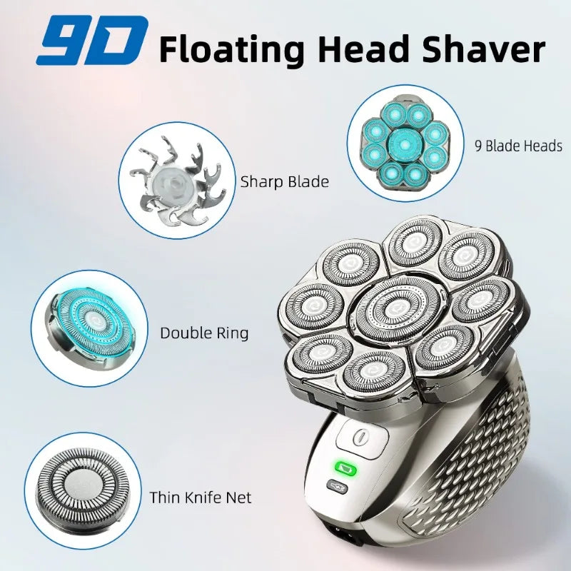Rasoir Tête Chauve 4D MLG 9 Lames Flottantes 6-en-1 Rechargeable IPX5 Homme – CLEVI Paris