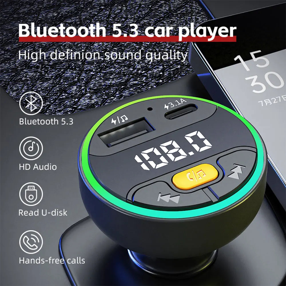 Émetteur FM Voiture Bluetooth 5.3 – Charge USB+Type-C Mains Libres Lecteur MP3 Lumières Ambiance 12-24V – CLEVI Paris