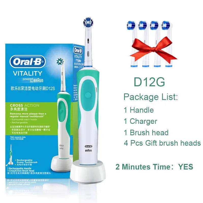 Brosse à Dents Électrique Oral-B Vitality D12 – Rotation 3D, Têtes FlexiSoft, IPX7, 7 Jours d'Autonomie – Têtes Offertes