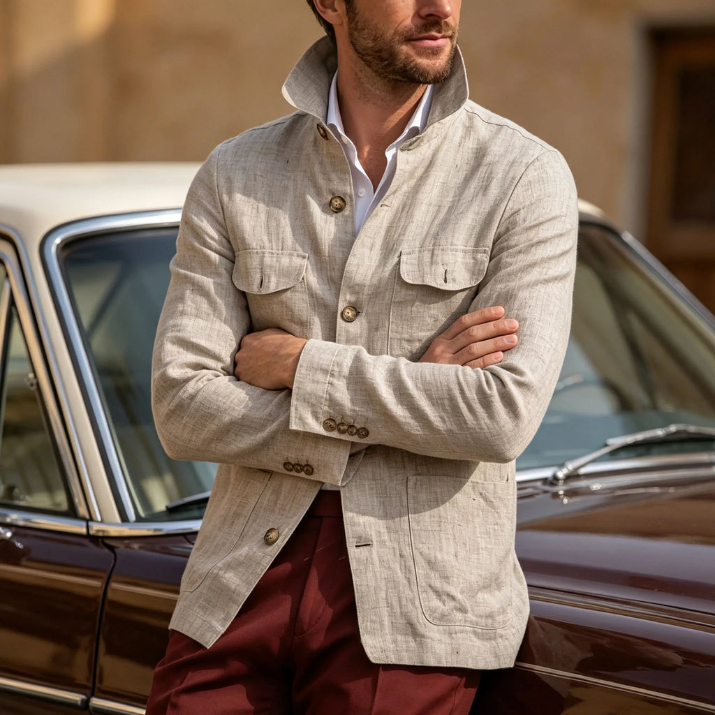 Veste Safari Lin Homme Col Montant – CLEVI Paris