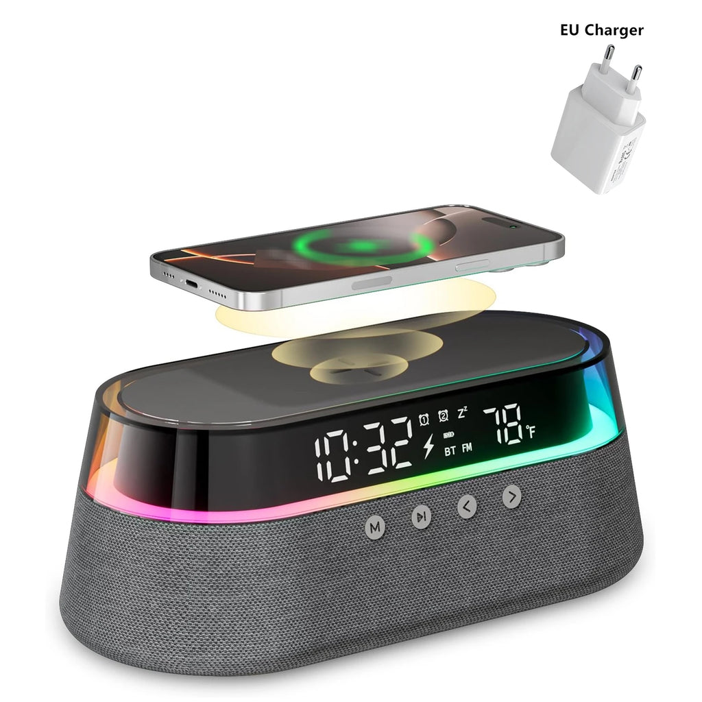 Réveil Intelligent 6-en-1 Chargeur Sans Fil 15W Enceinte Bluetooth Radio FM LED RGB – CLEVI Paris