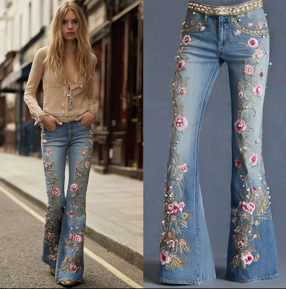 Jean Femme Bootcut Imprimé 3D Denim Slim Brodé Style Américain Casual – CLEVI Paris