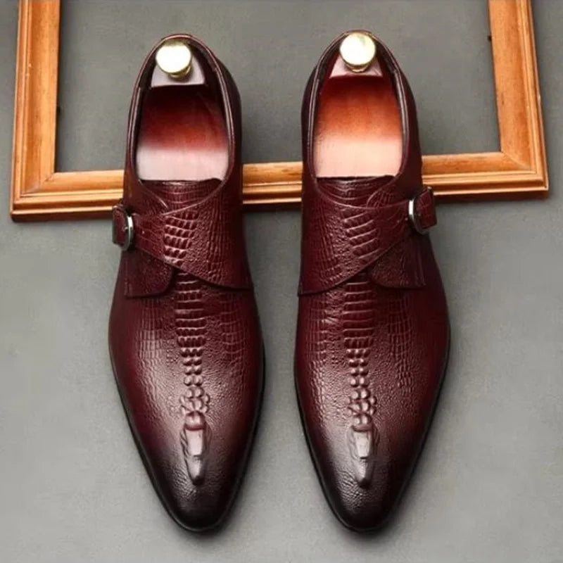 Mocassin Monk Strap Homme Cuir Motif Crocodile – Bout Pointu, Style Britannique, EU 36-46 – CLEVI Paris