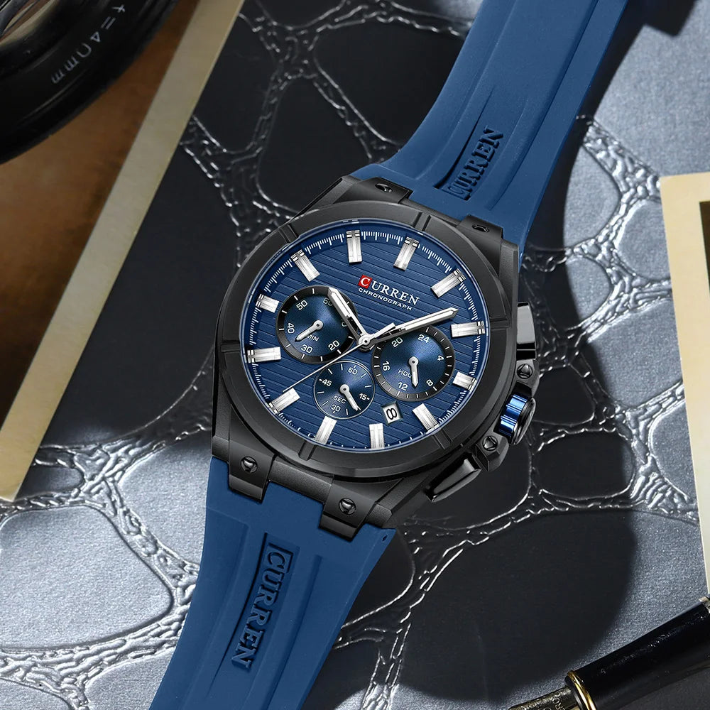 Montre Quartz Homme CURREN 8487 – Chronographe, Bracelet Silicone & Écrin | 5 Coloris