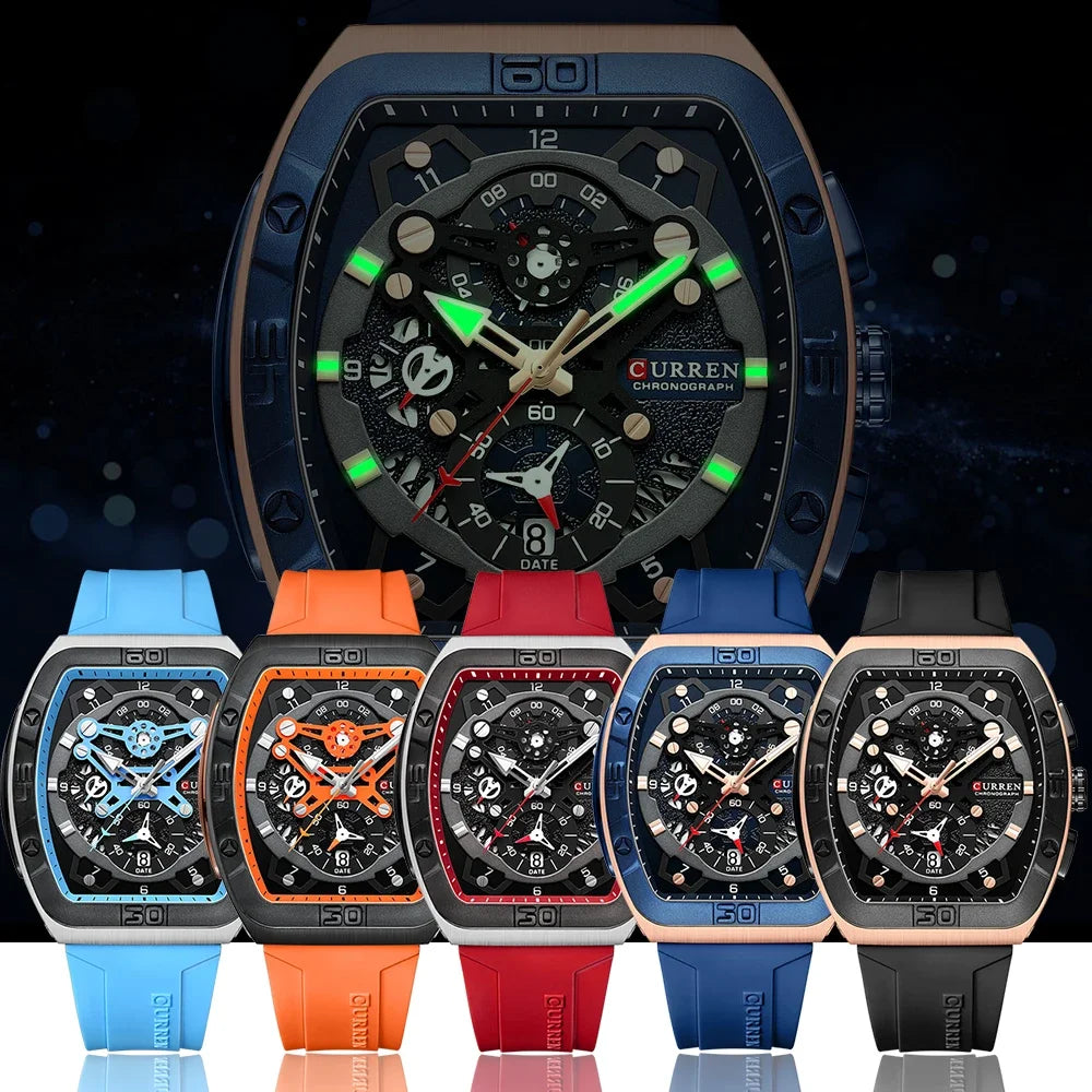 Montre Chronographe Homme CURREN – Boîtier Tonneau, Bracelet Silicone Sport